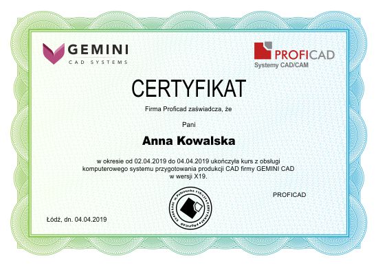 Certyfikat szkolenia z programu do konstrukcji i stopniowania Gemini